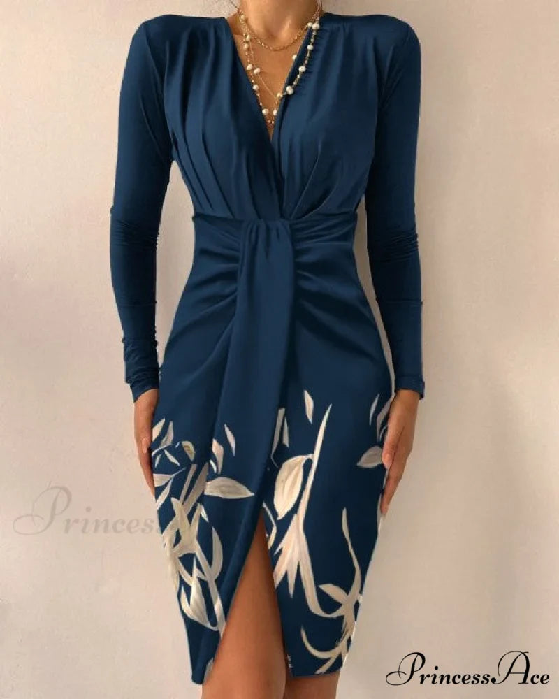 Sexy Puff Lantern Sleeve Plunge Floral Print Dress