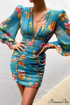 Sexy Puff Lantern Sleeve Plunge Floral Print Dress