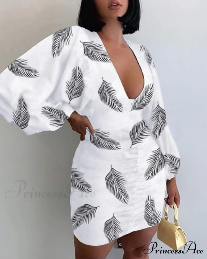 Sexy Puff Lantern Sleeve Plunge Floral Print Dress