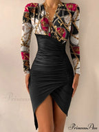 Sexy Puff Lantern Sleeve Plunge Floral Print Dress