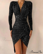 Sexy Puff Lantern Sleeve Plunge Floral Print Dress