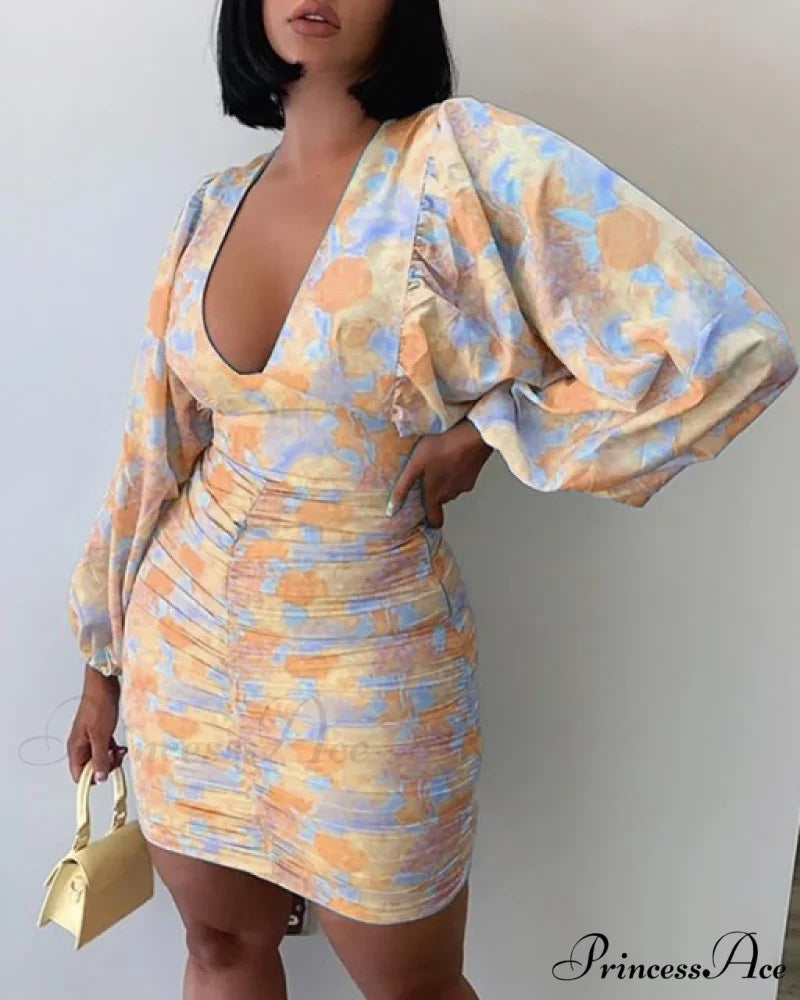 Sexy Puff Lantern Sleeve Plunge Floral Print Dress