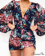 Sexy Puff Lantern Sleeve Plunge Floral Print Dress
