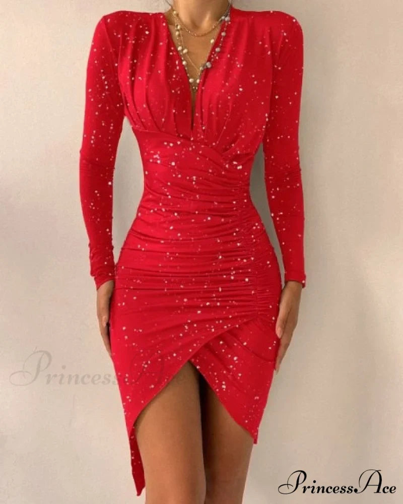 Sexy Puff Lantern Sleeve Plunge Floral Print Dress