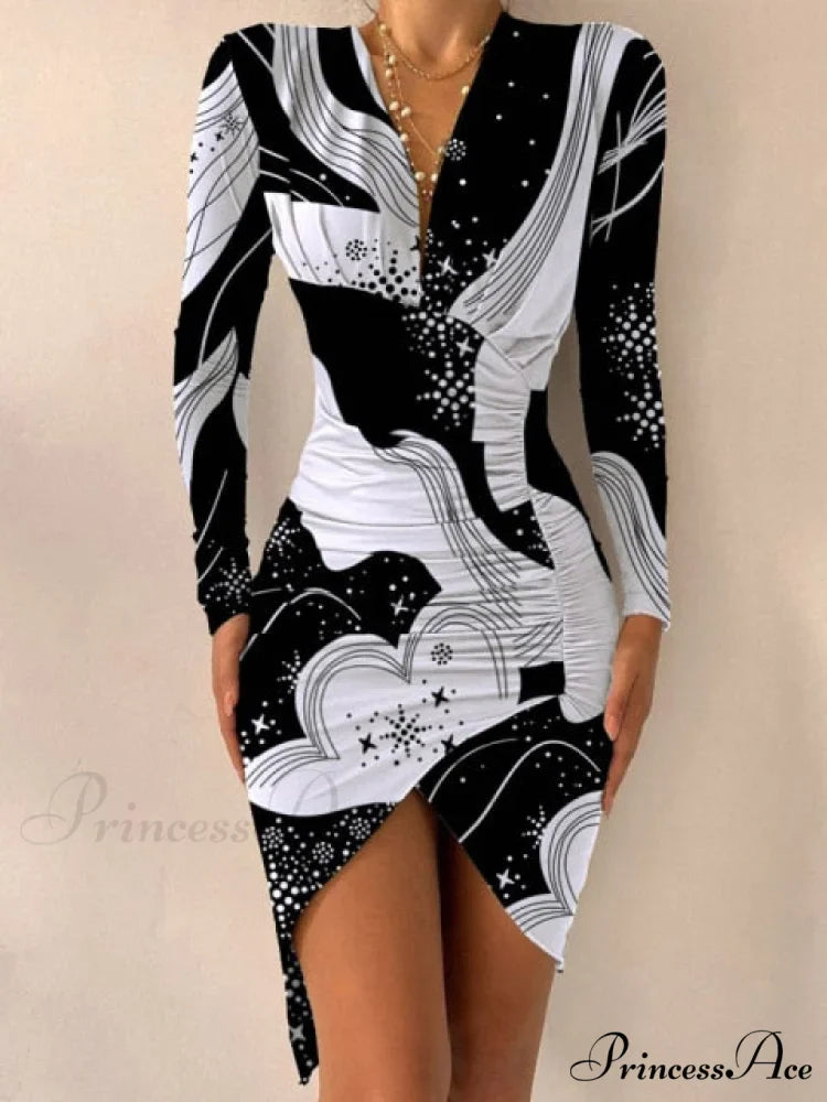 Sexy Puff Lantern Sleeve Plunge Floral Print Dress