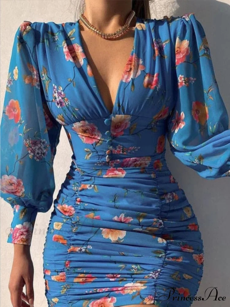 Sexy Puff Lantern Sleeve Plunge Floral Print Dress