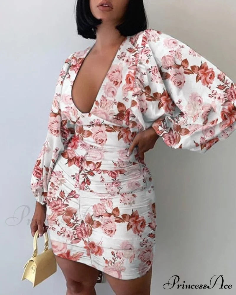 Sexy Puff Lantern Sleeve Plunge Floral Print Dress