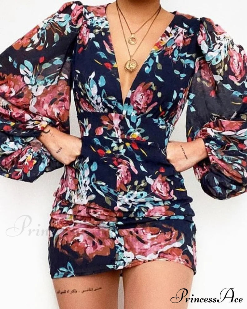 Sexy Puff Lantern Sleeve Plunge Floral Print Dress