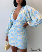 Sexy Puff Lantern Sleeve Plunge Floral Print Dress