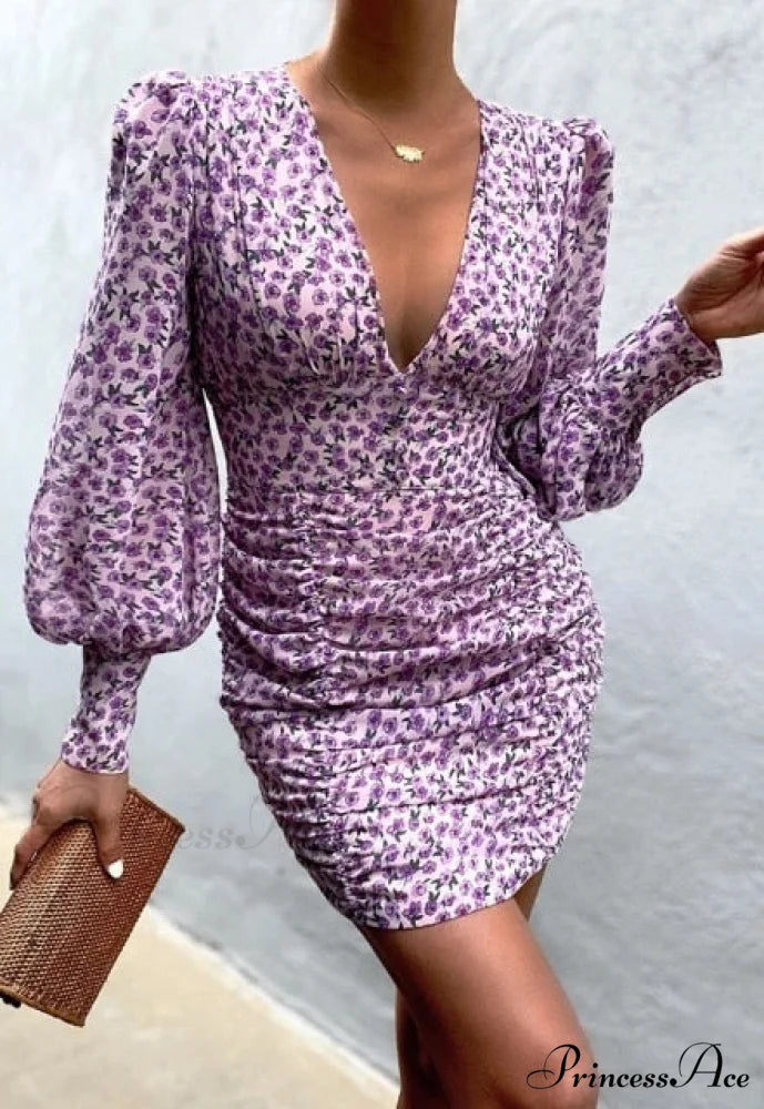 Sexy Puff Lantern Sleeve Plunge Floral Print Dress