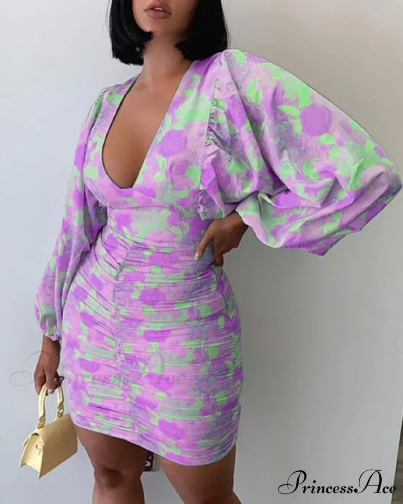 Sexy Puff Lantern Sleeve Plunge Floral Print Dress
