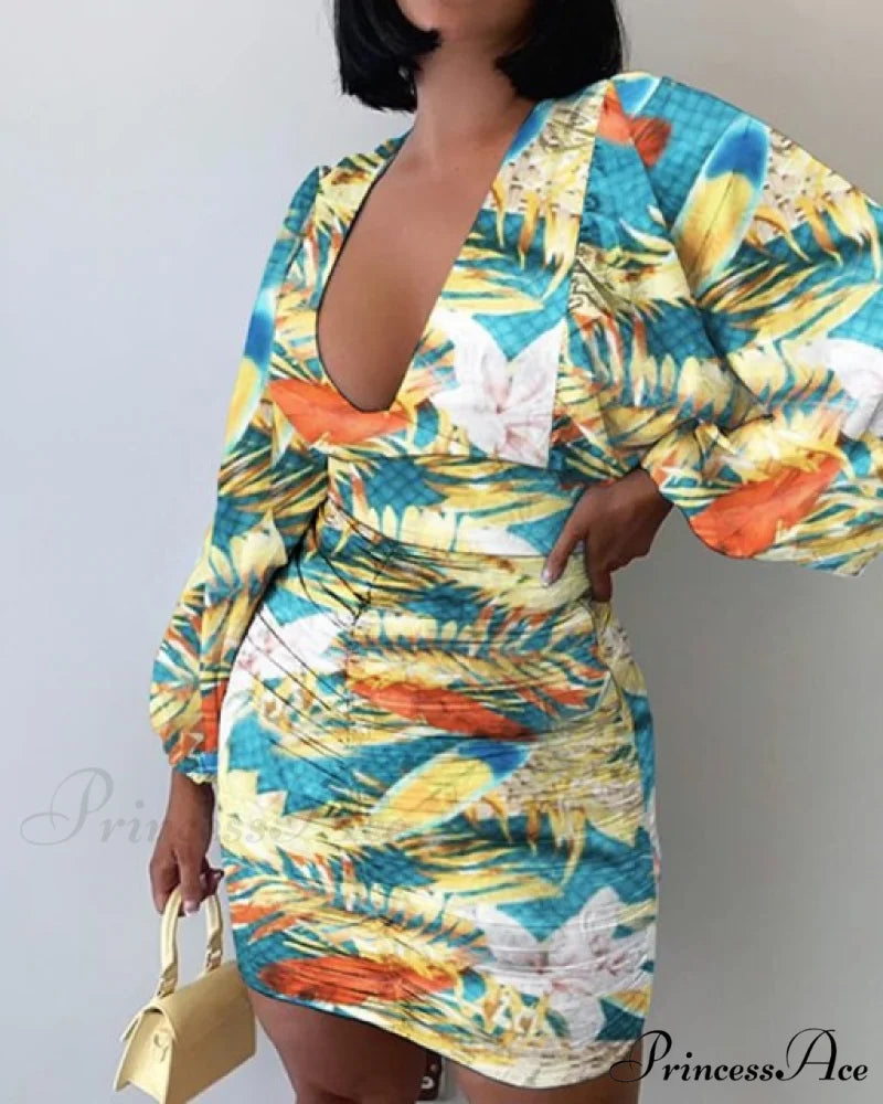 Sexy Puff Lantern Sleeve Plunge Floral Print Dress