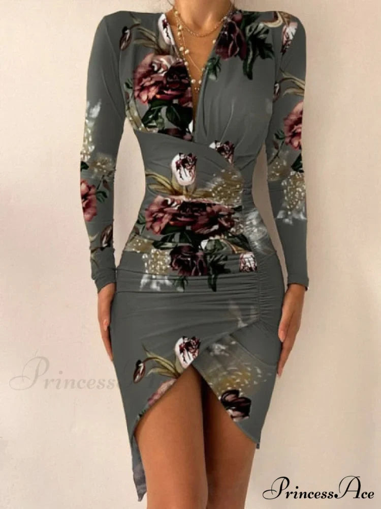Sexy Puff Lantern Sleeve Plunge Floral Print Dress