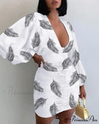 Sexy Puff Lantern Sleeve Plunge Floral Print Dress