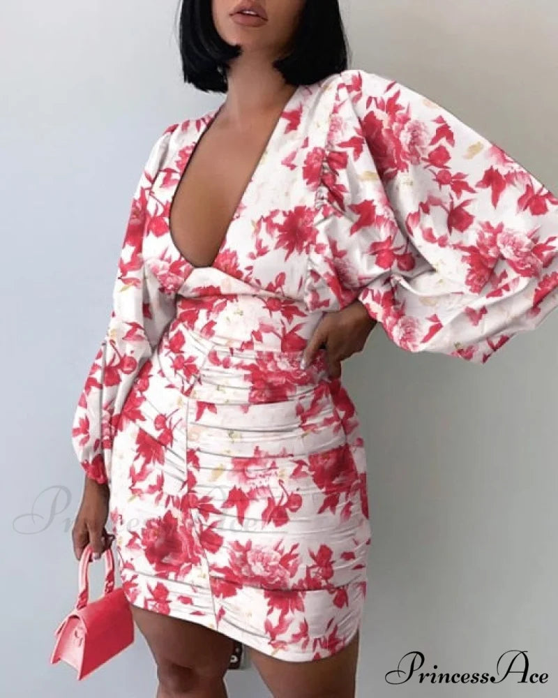 Sexy Puff Lantern Sleeve Plunge Floral Print Dress