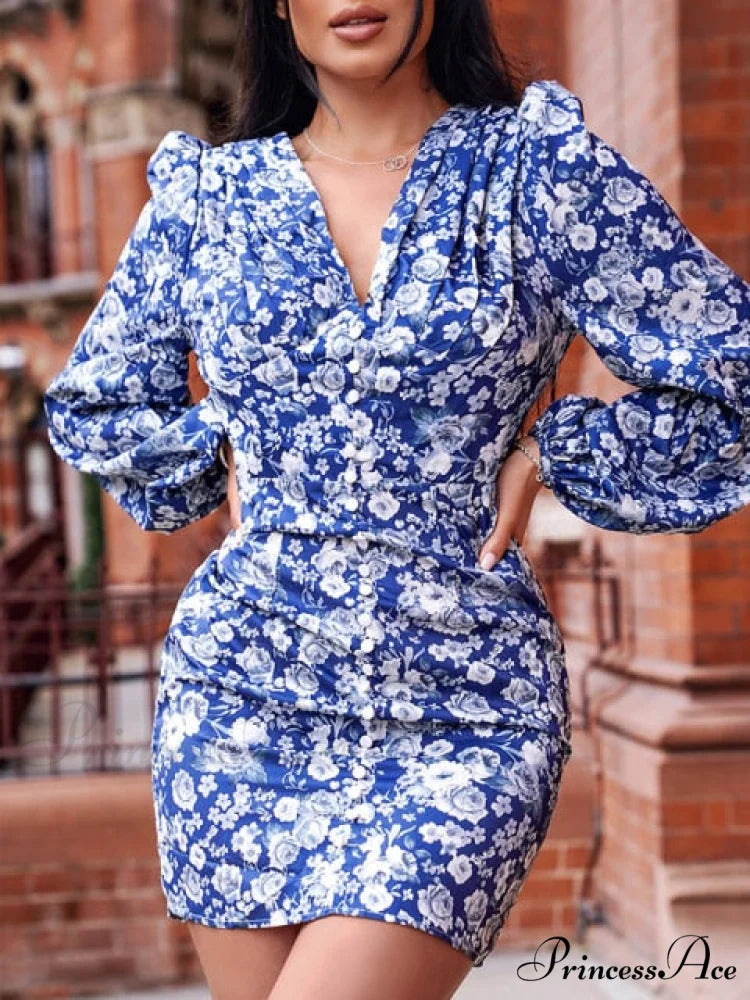 Sexy Puff Lantern Sleeve Plunge Floral Print Dress