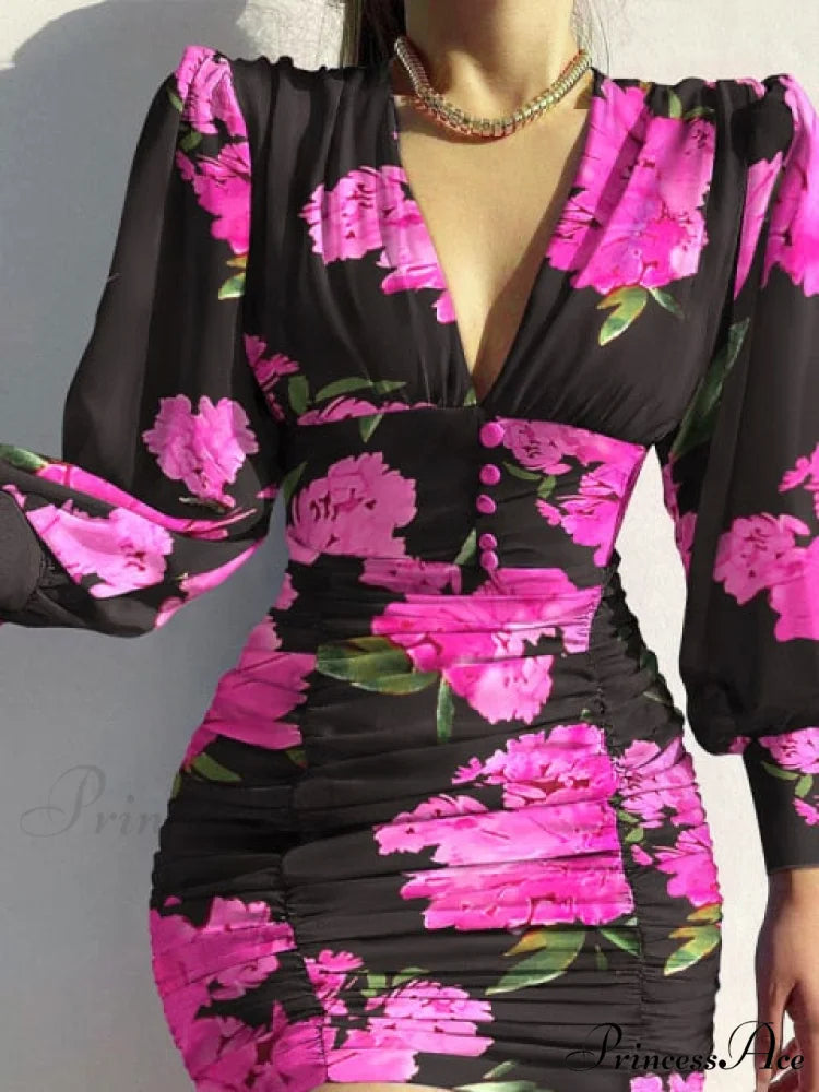 Sexy Puff Lantern Sleeve Plunge Floral Print Dress