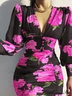 Sexy Puff Lantern Sleeve Plunge Floral Print Dress
