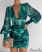 Sexy Puff Lantern Sleeve Plunge Floral Print Dress