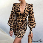 Sexy Puff Lantern Sleeve Plunge Floral Print Dress