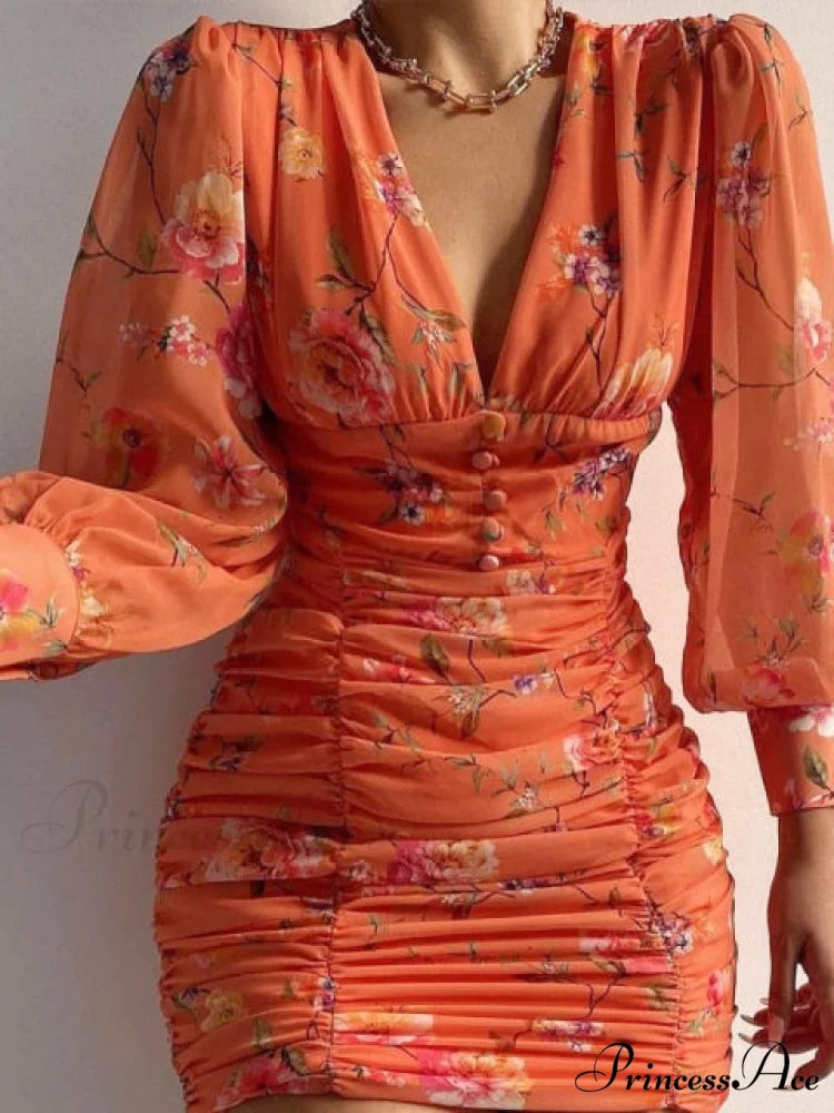 Sexy Puff Lantern Sleeve Plunge Floral Print Dress