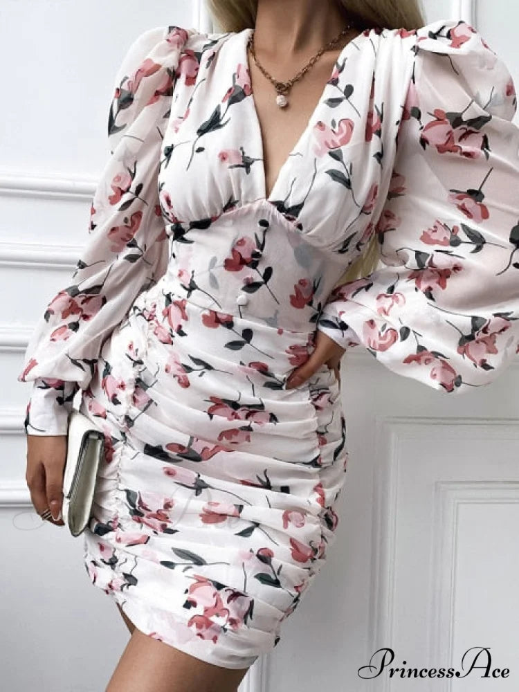 Sexy Puff Lantern Sleeve Plunge Floral Print Dress