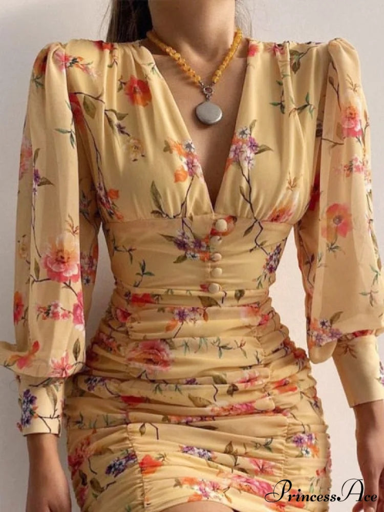 Sexy Puff Lantern Sleeve Plunge Floral Print Dress