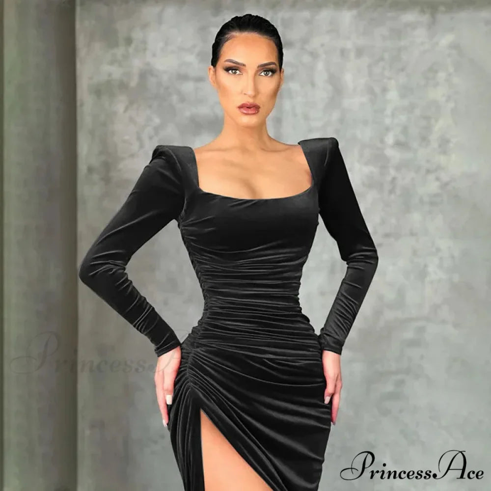 Sexy Red Velvet Elegant Midi Christmas Party Dress