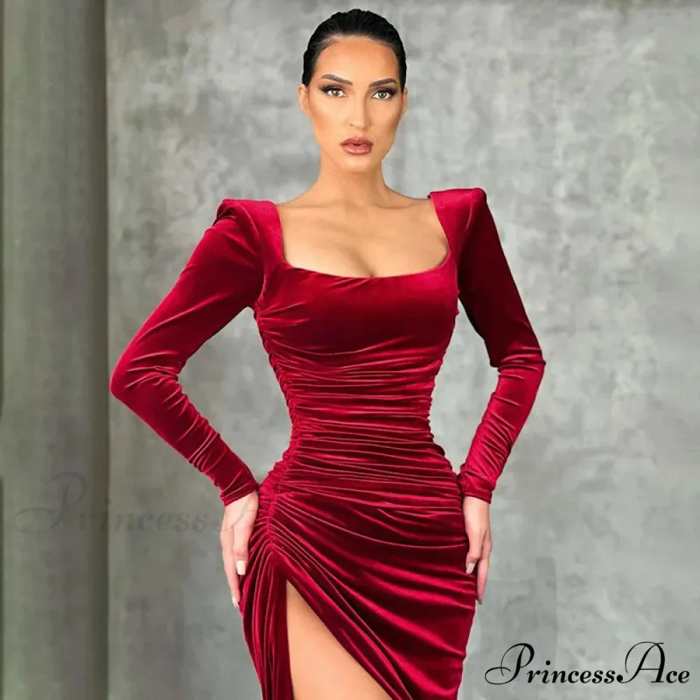 Sexy Red Velvet Elegant Midi Christmas Party Dress