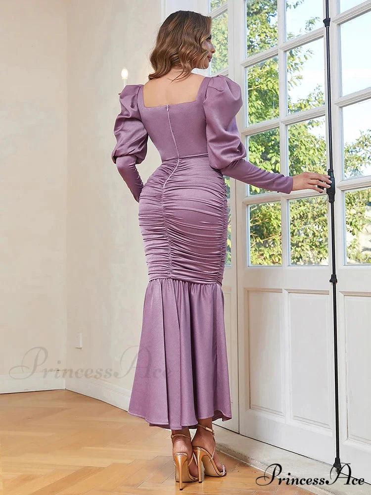 Sexy Ruffle Sleeves Square Collar Folds Purple Long Elegant Christmas Party Dress