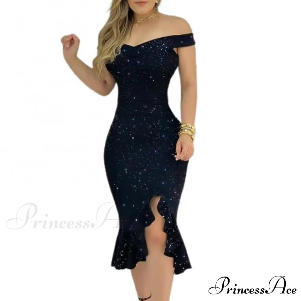 Sexy Shiny Glitter Off Shoulder Ruffles Slit Midi Dress