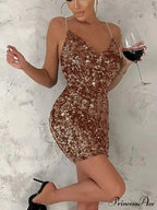 Sexy Silver Glitter Deep V-Neck Sequin Mini Bodycon Dress