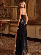 Sexy Sleeveless Cut Out Black Sequins Elegant Backless High Slit Christmas Party Dress