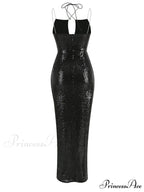 Sexy Sleeveless Cut Out Black Sequins Elegant Backless High Slit Christmas Party Dress