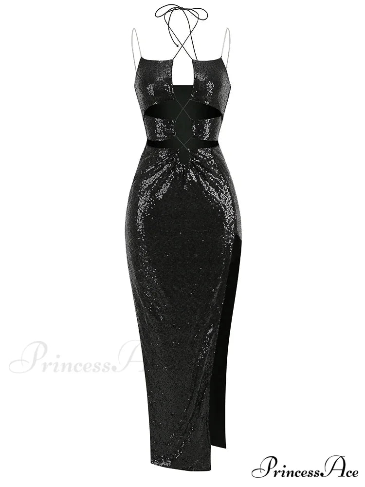 Sexy Sleeveless Cut Out Black Sequins Elegant Backless High Slit Christmas Party Dress