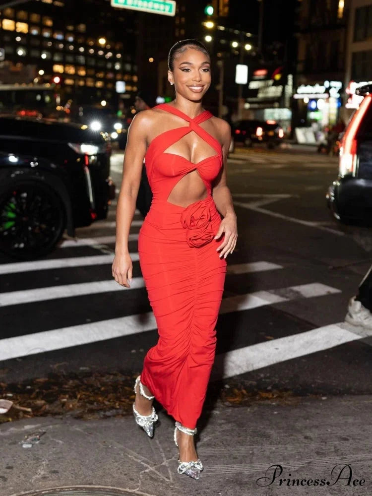 Sexy Sleeveless Flower Design Bodycon Midi Dress Cross Sling Cut Out Christmas Party Dress