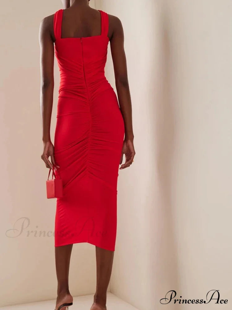 Sexy Sleeveless Flower Design Bodycon Midi Dress Cross Sling Cut Out Christmas Party Dress