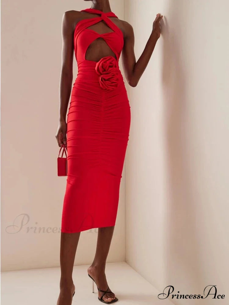 Sexy Sleeveless Flower Design Bodycon Midi Dress Cross Sling Cut Out Christmas Party Dress