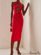 Sexy Sleeveless Flower Design Bodycon Midi Dress Cross Sling Cut Out Christmas Party Dress