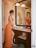 Sexy Sleeveless Square Mesh Perspective Ruffle Long Orange Sheer IrRegular Christmas Party Dress