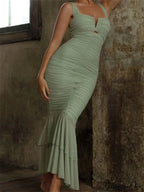 Sexy Sleeveless Strap Evening for Women Low Cut Ruched Bodycon Elegant Mermaid Party Vestidos