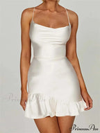 Sexy Sleeveless Strap Satin Backless Ruffles Hem Mini Dress