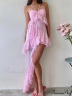 Sexy Sleeveless Strap Sling for Women V-neck Ruffles Hem Y2K Off Shoulder High Split Party Vestidos