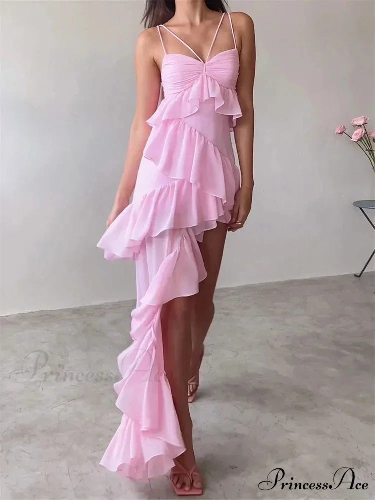 Sexy Sleeveless Strap Sling for Women V-neck Ruffles Hem Y2K Off Shoulder High Split Party Vestidos