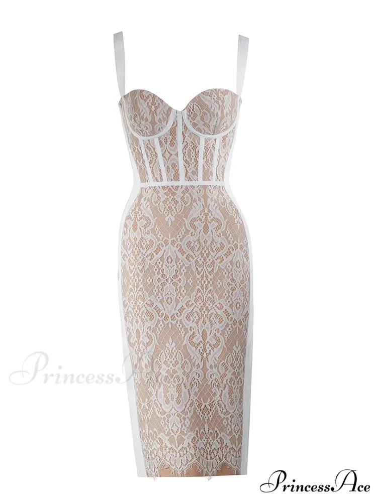Sexy Sling Square Collar Lace Bandage Sleeveless White Midi Christmas Party Dress