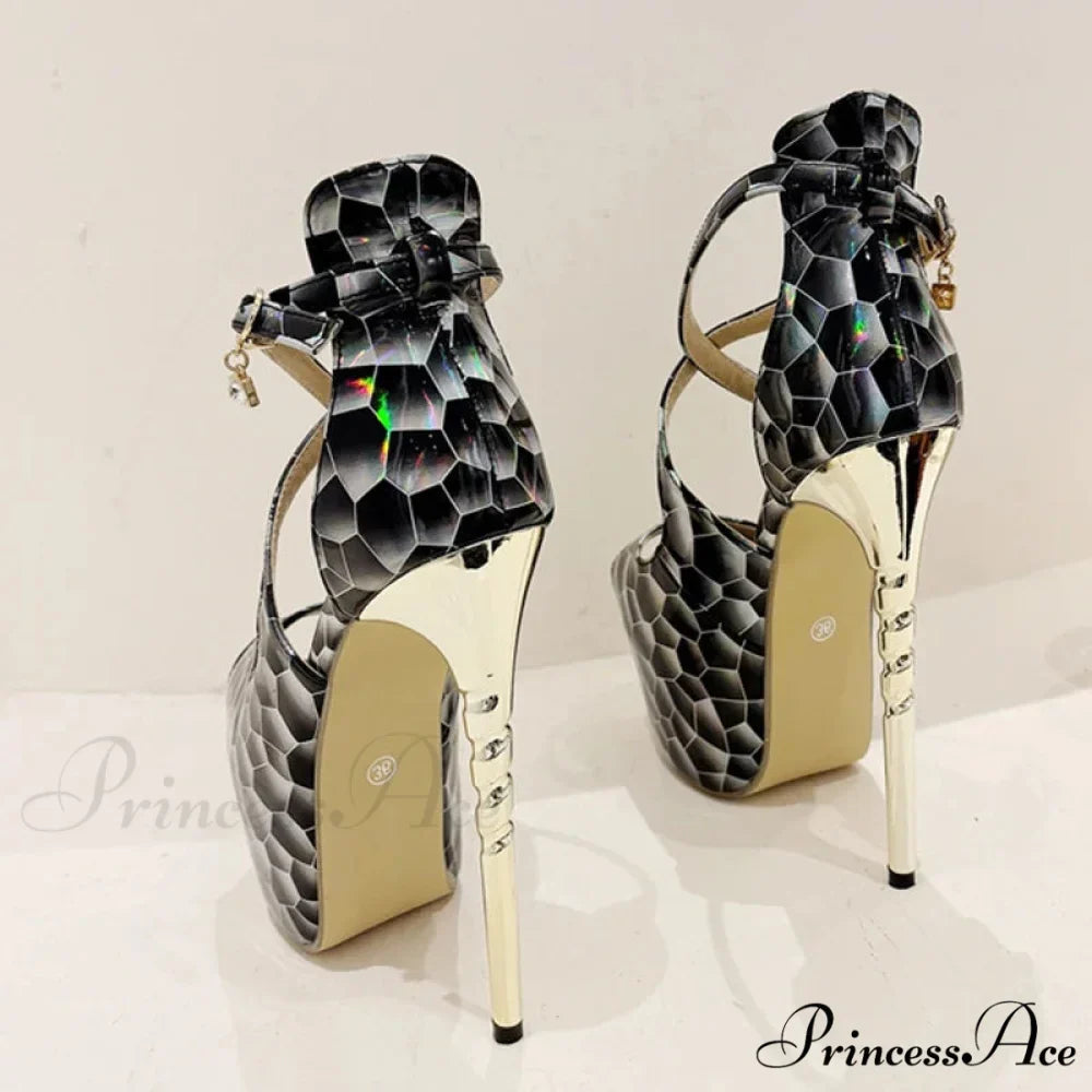 Sexy Snake-Print Platform Buckle-Strap Peep-Toe 17CM Sexy Banquet Ladies High Heel