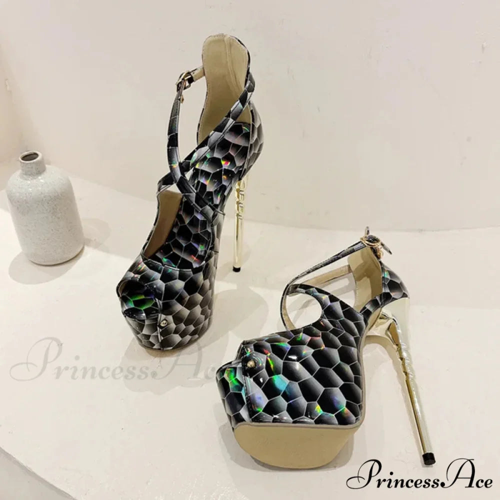 Sexy Snake-Print Platform Buckle-Strap Peep-Toe 17CM Sexy Banquet Ladies High Heel