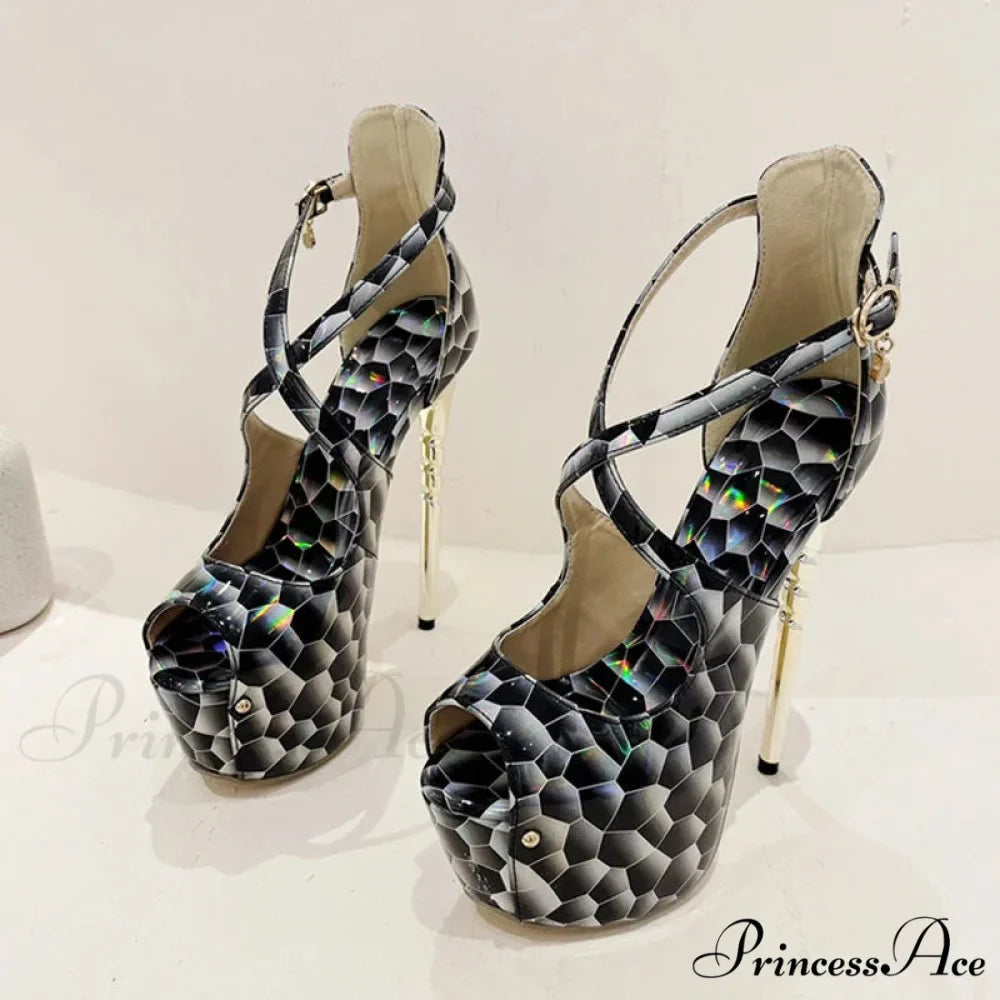 Sexy Snake-Print Platform Buckle-Strap Peep-Toe 17CM Sexy Banquet Ladies High Heel