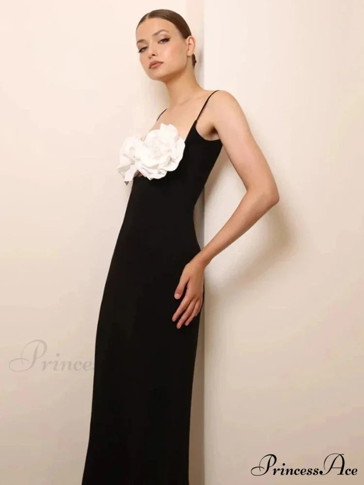 Sexy Spaghetti Strap 3D Flower Bandage Maxi Black Sleeveless Christmas Party Dress