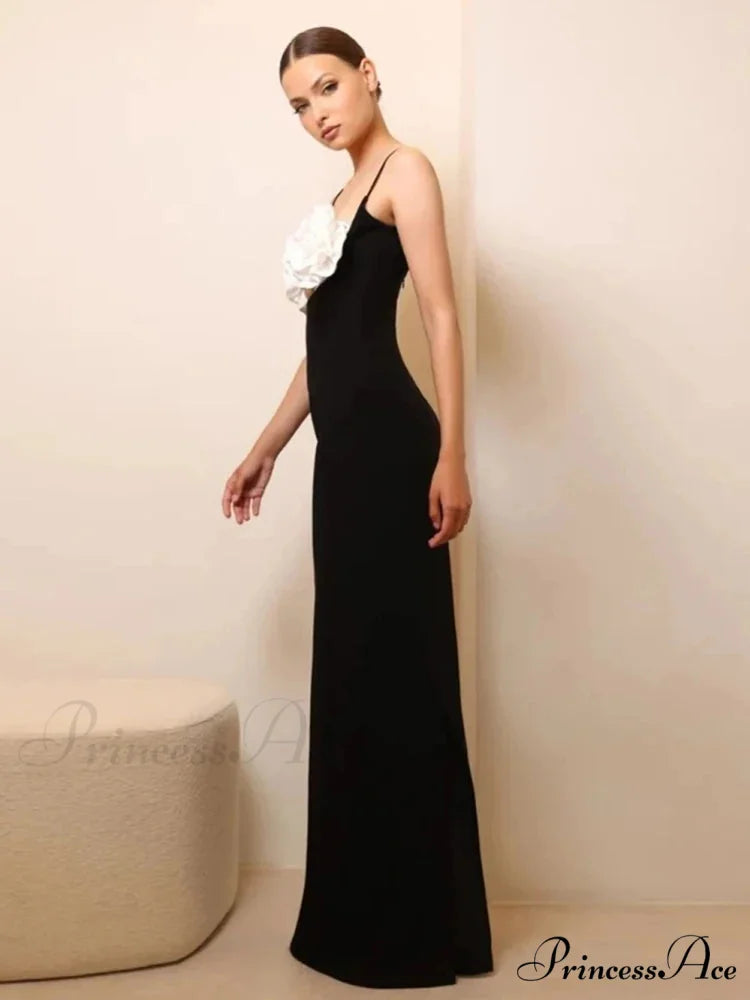 Sexy Spaghetti Strap 3D Flower Bandage Maxi Black Sleeveless Christmas Party Dress